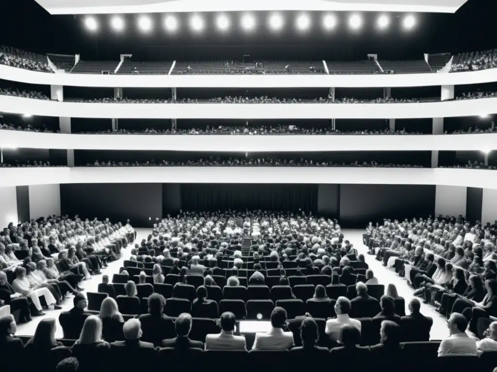 Una impactante imagen en blanco y negro del auditorio lleno en el Festival Eñe, reflejando la innovación narrativa y el éxito del evento