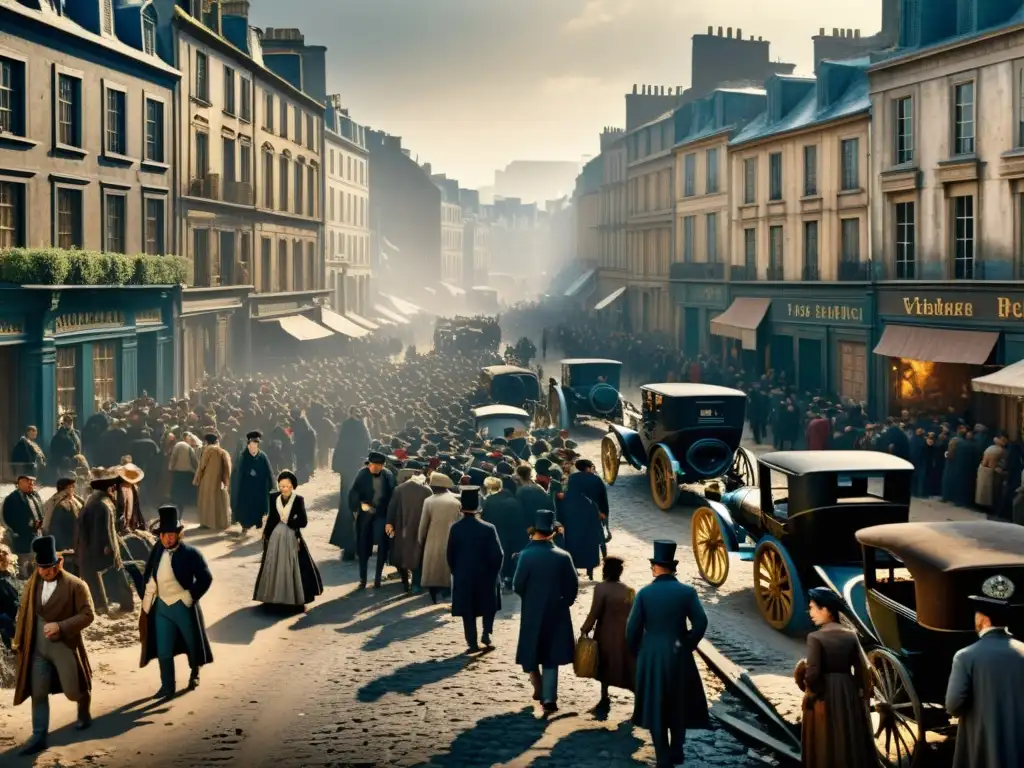 Una impactante imagen 8k de una calle del siglo XIX, reflejando la dura realidad social de 'Los Miserables' de Victor Hugo