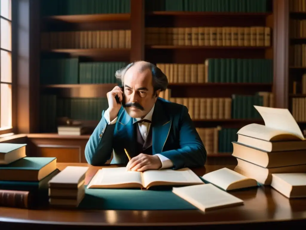 Una impactante imagen 8k de Gustave Flaubert escribiendo 'Madame Bovary', con pesimismo luminoso y detalle atmosférico