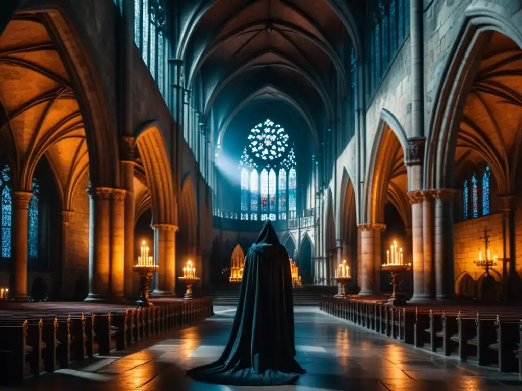 Imponente catedral gótica con arcos altos, vidrieras y velas, evocando misterio