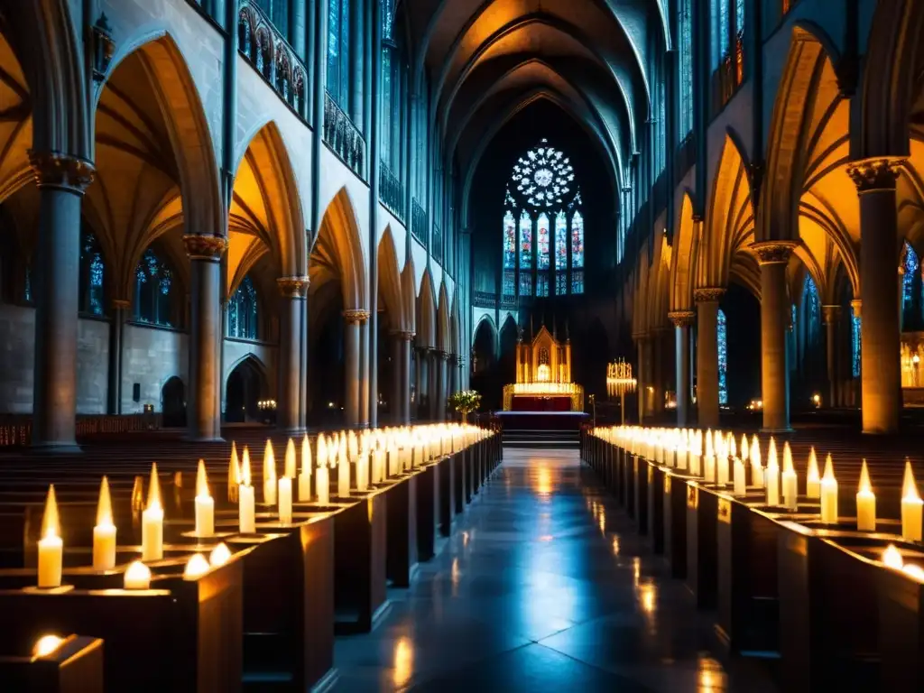 Imponente catedral gótica con contrastes literatura romántica gótica, candlelight y figuras en penumbra