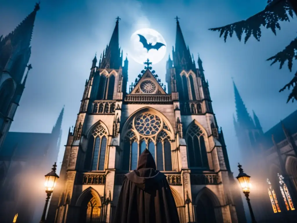 Imponente catedral gótica envuelta en niebla, iluminada por la luna, con misteriosa figura