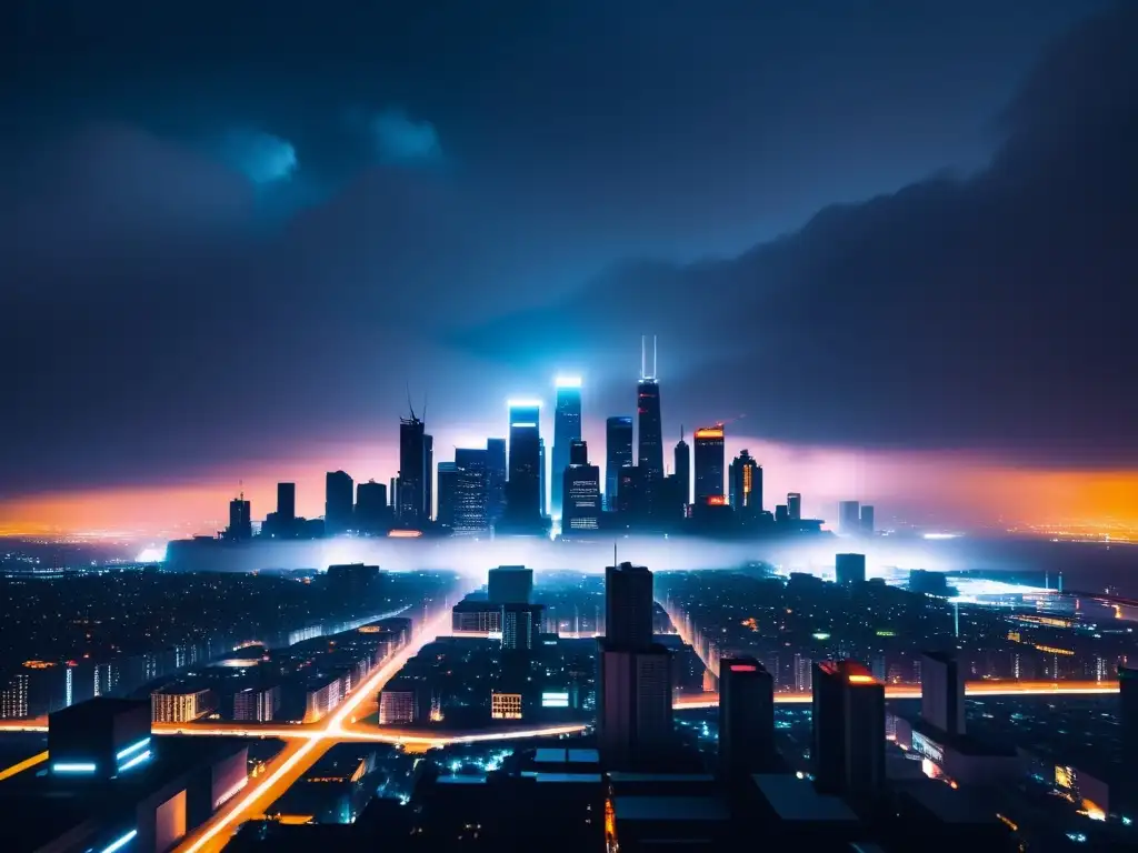 Imponente ciudad futurista nocturna envuelta en neblina, con luces de neón y sombras largas