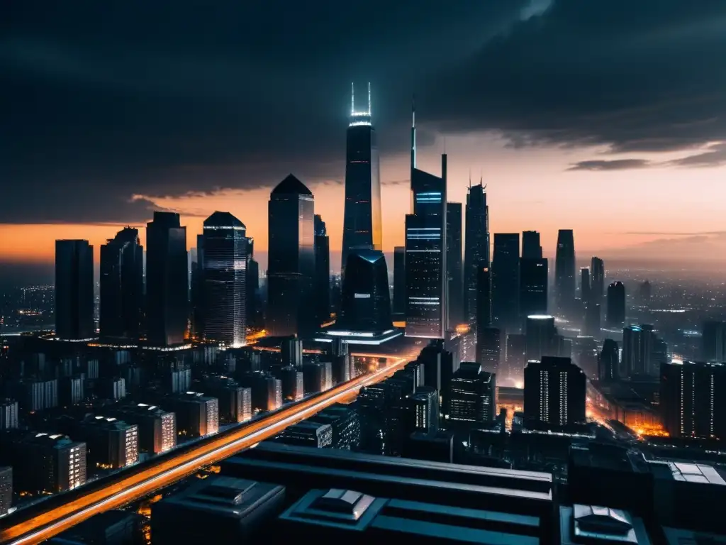 Metrópolis futurista sumida en la oscuridad Imponente ciudad futurista en penumbra, con rascacielos sobrecogedores y una atmósfera distópica