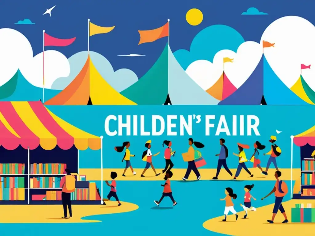 La importancia del Bologna Children's Book Fair: ilustración vibrante y minimalista de una bulliciosa feria del libro infantil, con colores brillantes y autores interactuando con jóvenes lectores, bajo un cielo despejado y luminoso