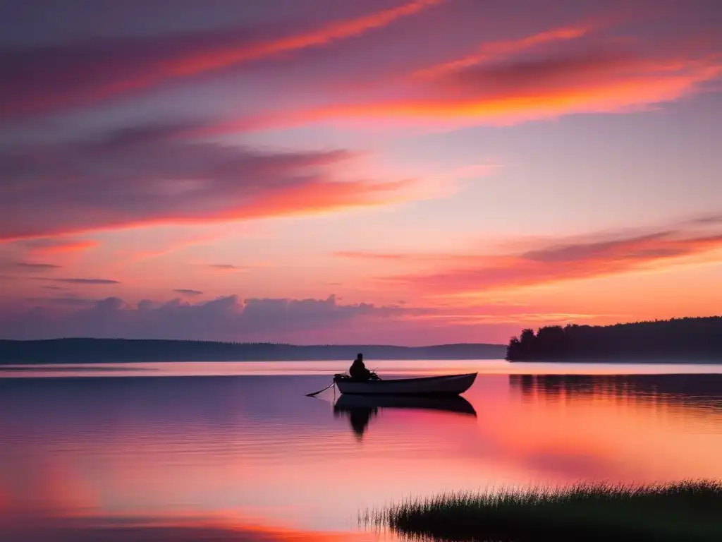 Un impresionante atardecer sobre un lago tranquilo, reflejando tonos naranjas y rosados