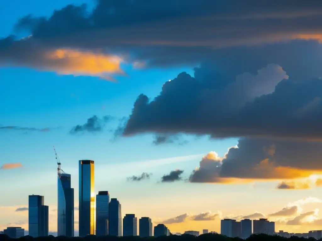 Una impresionante ciudad moderna con un rascacielos que perfora las nubes, reflejando la cálida luz dorada del atardecer