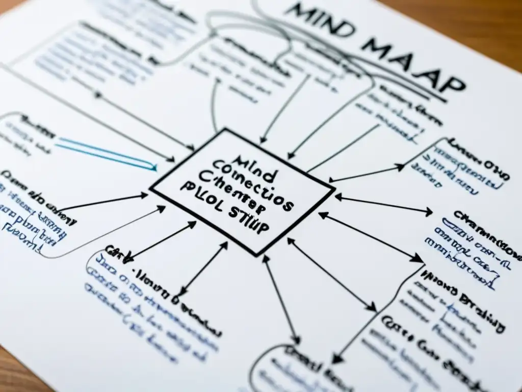 Una impresionante imagen detallada de un mapa mental dibujado a mano, mostrando una meticulosa planificación argumental sin perder su espontaneidad