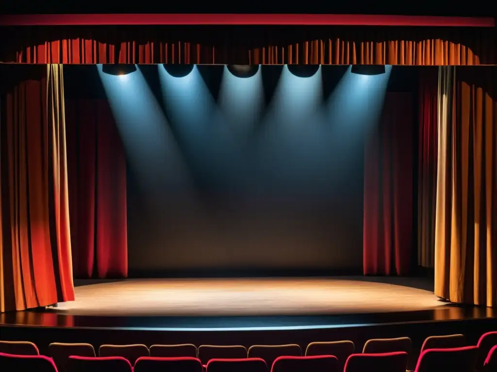 Una impresionante imagen de un escenario teatral con iluminación dramática, destacando los detalles del diseño, utilería y vestuario