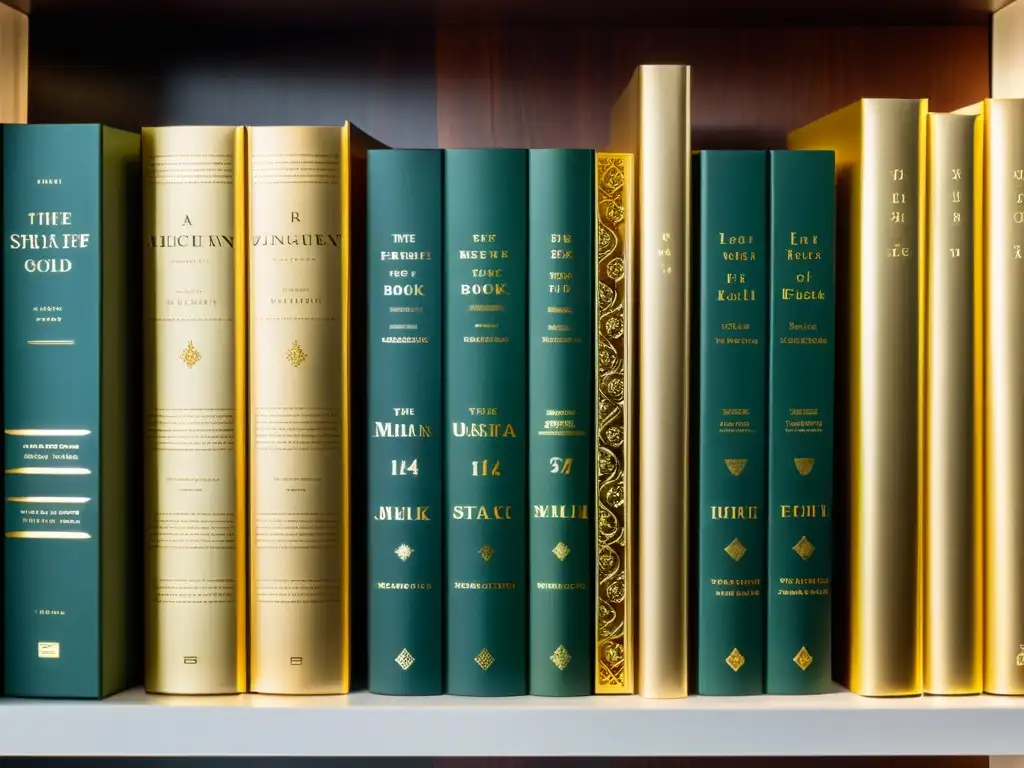 Una impresionante imagen de una pila de libros con detalladas portadas en un estante moderno
