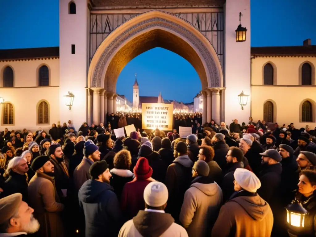 Una impresionante imagen de poetas y activistas renacentistas en una plaza, recitando poesía de protesta en el Renacimiento ante una audiencia atenta