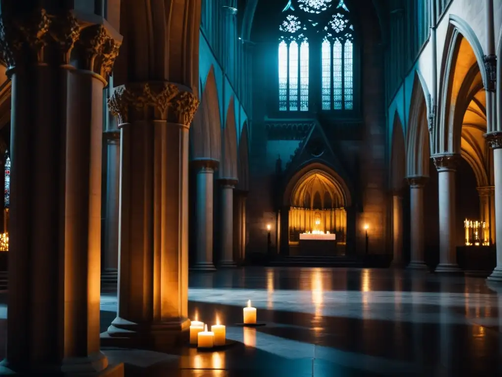 Impresionante interior gótico con arcos altos, columnas talladas, luz de velas y atmósfera misteriosa