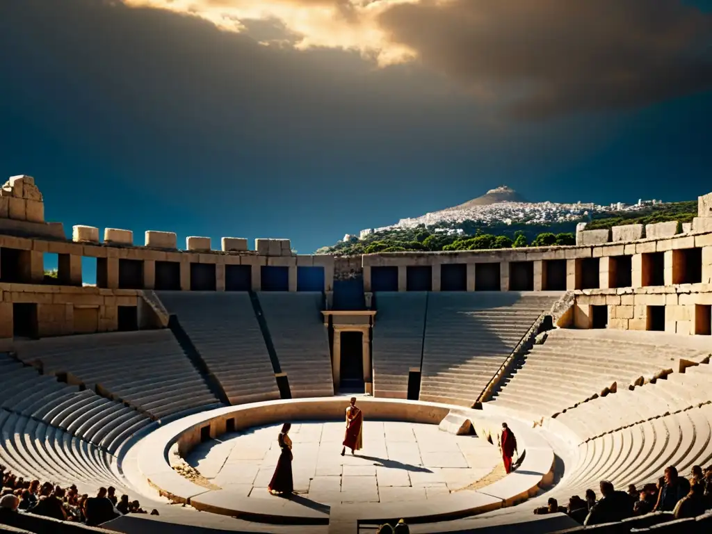 Un impresionante teatro griego con audiencia variada y expresiva, evocando la atmósfera intensa de las tragedias 'Antígona' y 'Áyax' de Sófocles