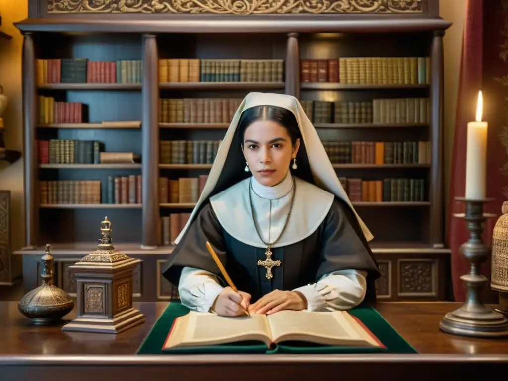 Sor Juana Inés de la Cruz escribiendo en su estudio renacentista