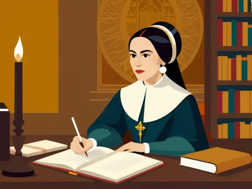 Sor Juana Inés de la Cruz en un estudio renacentista, rodeada de libros y plumas, iluminada por cálidos tonos dorados