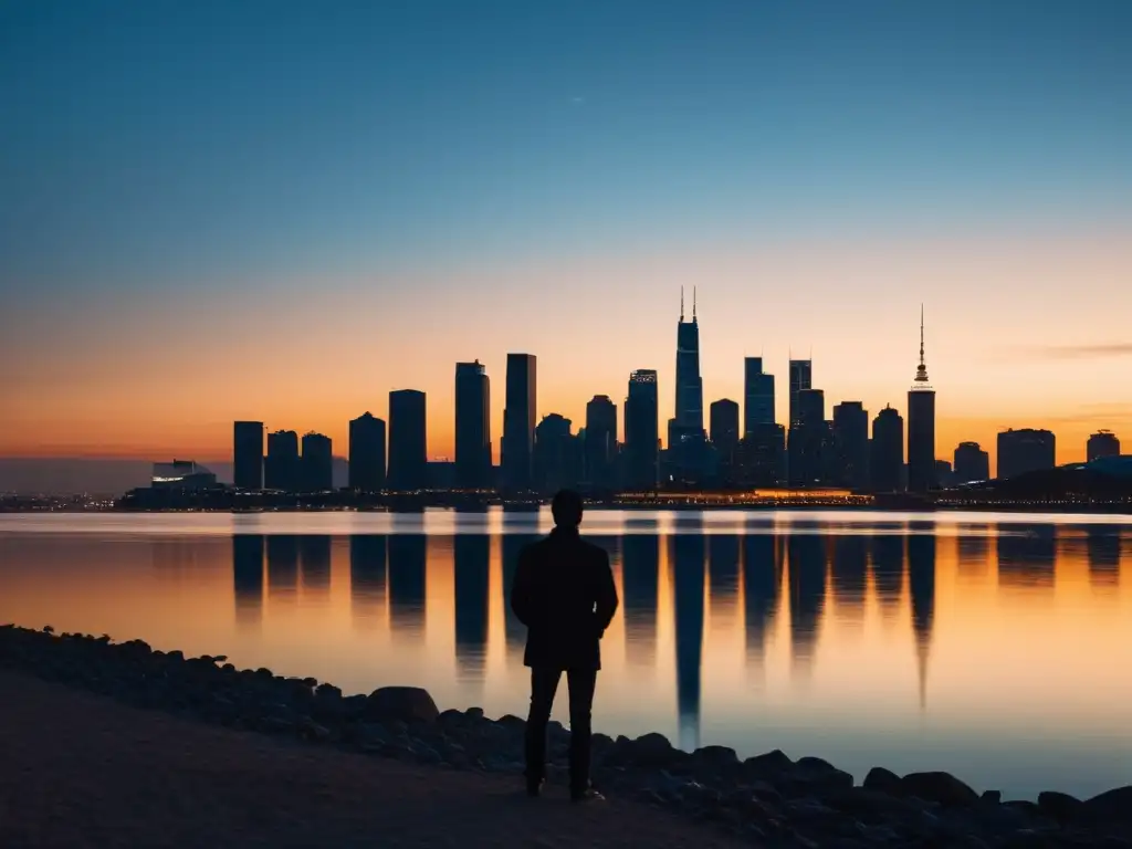 Influencia de parábolas bíblicas: persona contemplativa frente a moderna ciudad al atardecer, reflejada en río sereno