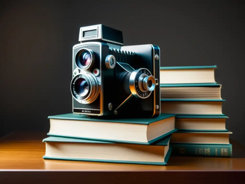Influencia del cine en narrativa contemporánea: Una cámara de película vintage reposa sobre libros, iluminada dramáticamente en blanco y negro