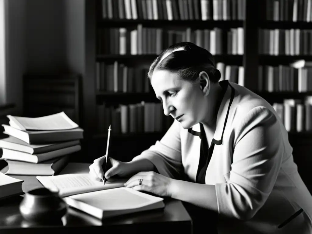 Gertrude Stein inmersa en la experimentación poética, rodeada de libros y manuscritos, con expresión contemplativa