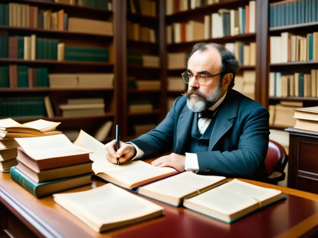 Émile Zola, inmerso en la intensa labor intelectual, rodeado de libros y papeles en su cálida y detallada oficina