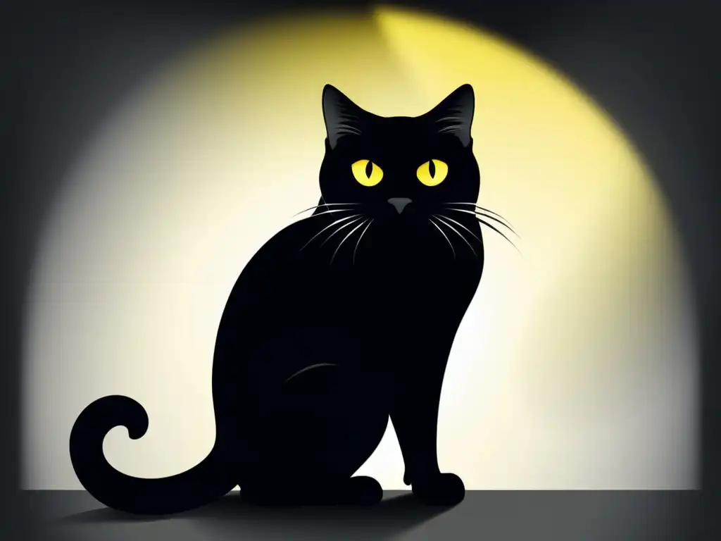 Un inquietante gato negro con ojos amarillos, arqueando su espalda en una ilustración minimalista en blanco y negro