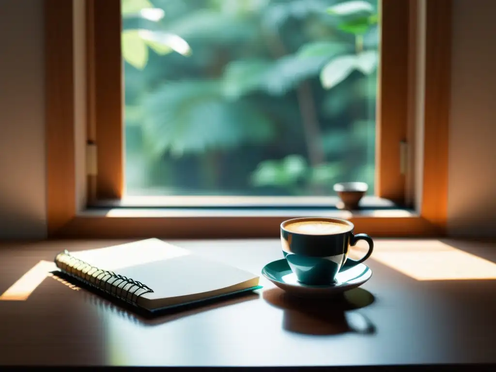 Una inspiradora escena en un escritorio minimalista con un cuaderno, un bolígrafo y una taza de café, bañada en suave luz natural