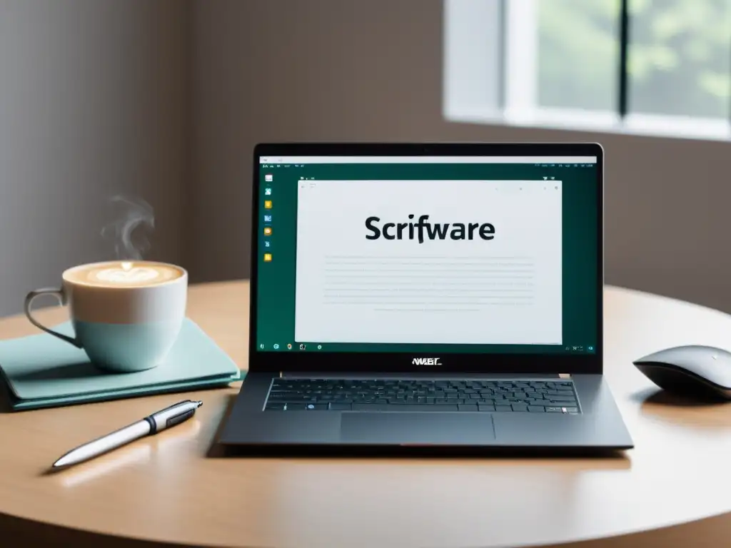 Una inspiradora escena minimalista con una laptop moderna, herramientas de escritura y una interfaz elegante de aplicación para escritores de guiones