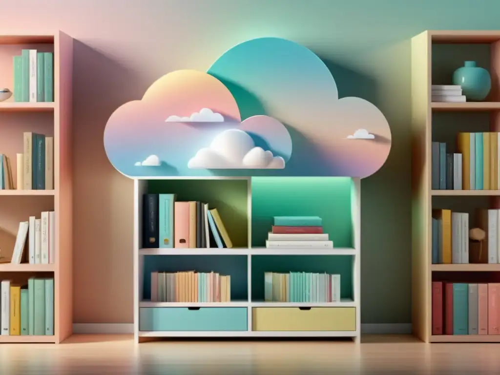 Interfaz de almacenamiento en la nube con estantería virtual personalizable para libros favoritos online, diseño minimalista y colores suaves