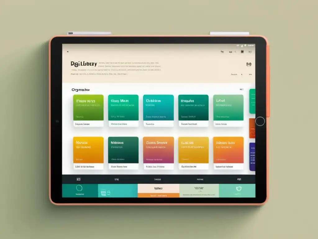 Interfaz de app de organización eficiente de ebooks en tablet con diseño minimalista y atractivas portadas de libros