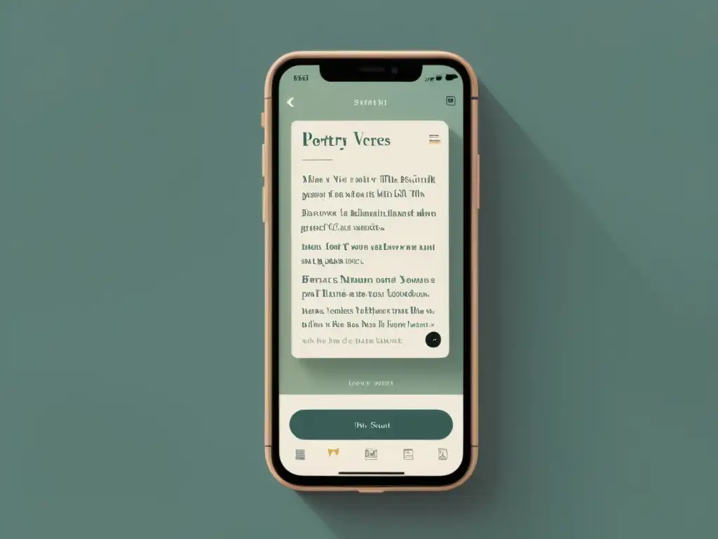 Interfaz de app poética elegante con tipografía refinada y esquema de colores suaves