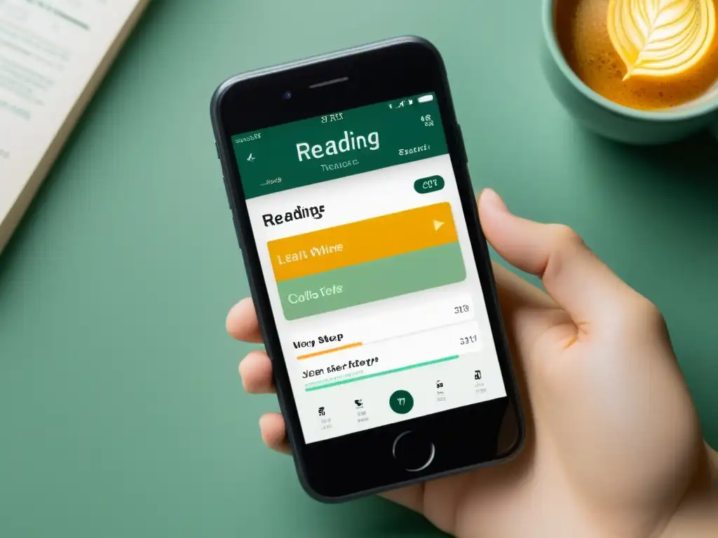 Interfaz de app rastreadora de hábitos de lectura: metas personalizables, gráficos de progreso y diseño elegante en tonos calmantes