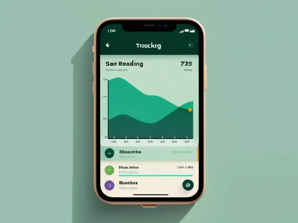 Interfaz de app rastreadora de hábitos de lectura, minimalista y organizada, con estadísticas personalizadas y metas de lectura