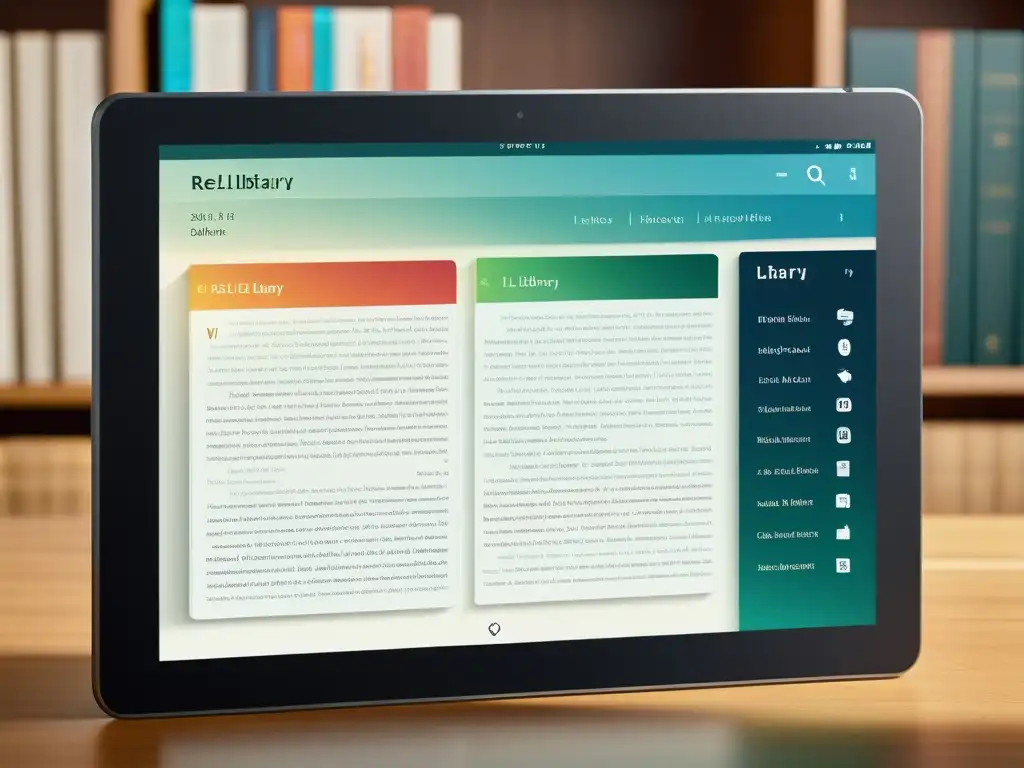 Interfaz de biblioteca digital moderna en tablet de alta resolución con apps para ampliar vocabulario literario