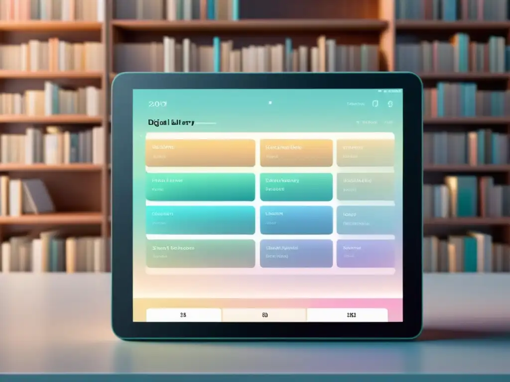 Una interfaz digital futurista muestra una organización eficiente de ebooks en una tablet de alta resolución, en un ambiente minimalista y sofisticado