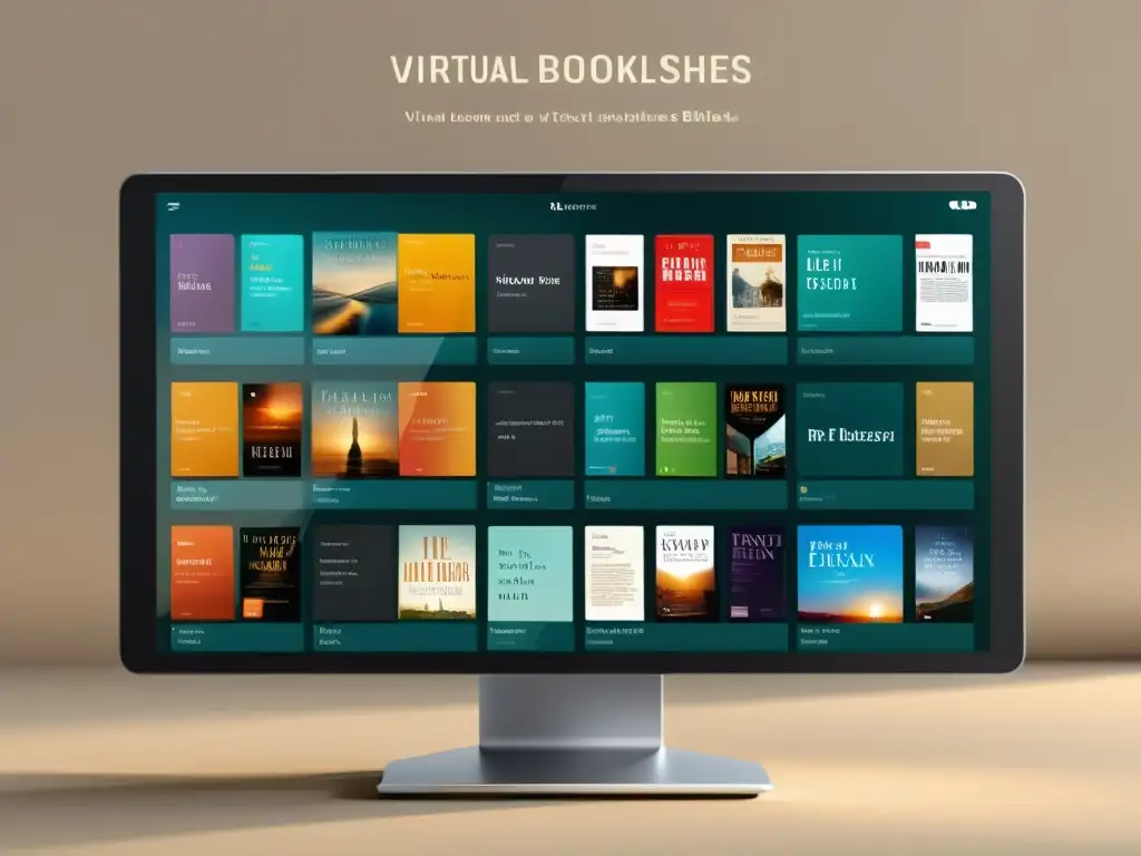 Interfaz futurista de biblioteca digital con revolución en acceso a información a través de ebooks en varios idiomas y géneros