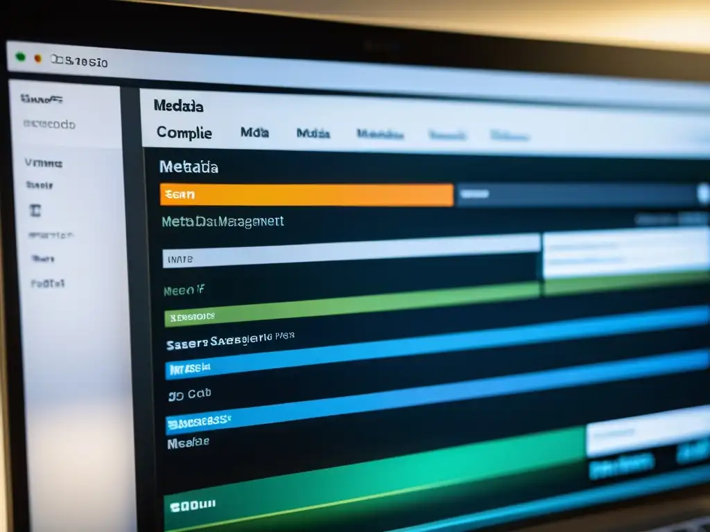 Interfaz de gestión de metadatos en pantalla de ordenador, destacando la importancia de metadatos en autoedición con diseño moderno y dinámica visual