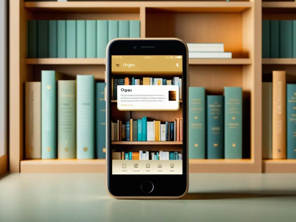 Interfaz minimalista de una app de biblioteca virtual en un smartphone, con libros ordenados en un estante virtual