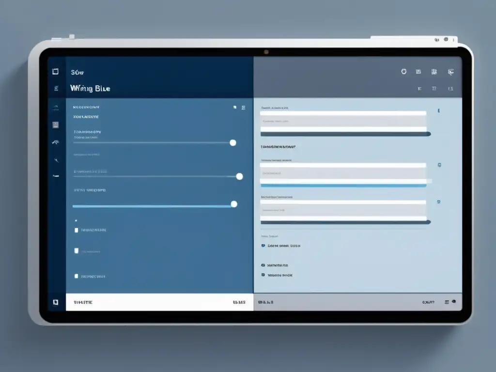 Interfaz minimalista de software de escritura no lineal en pantalla de alta resolución, con colores sobrios y diseño moderno