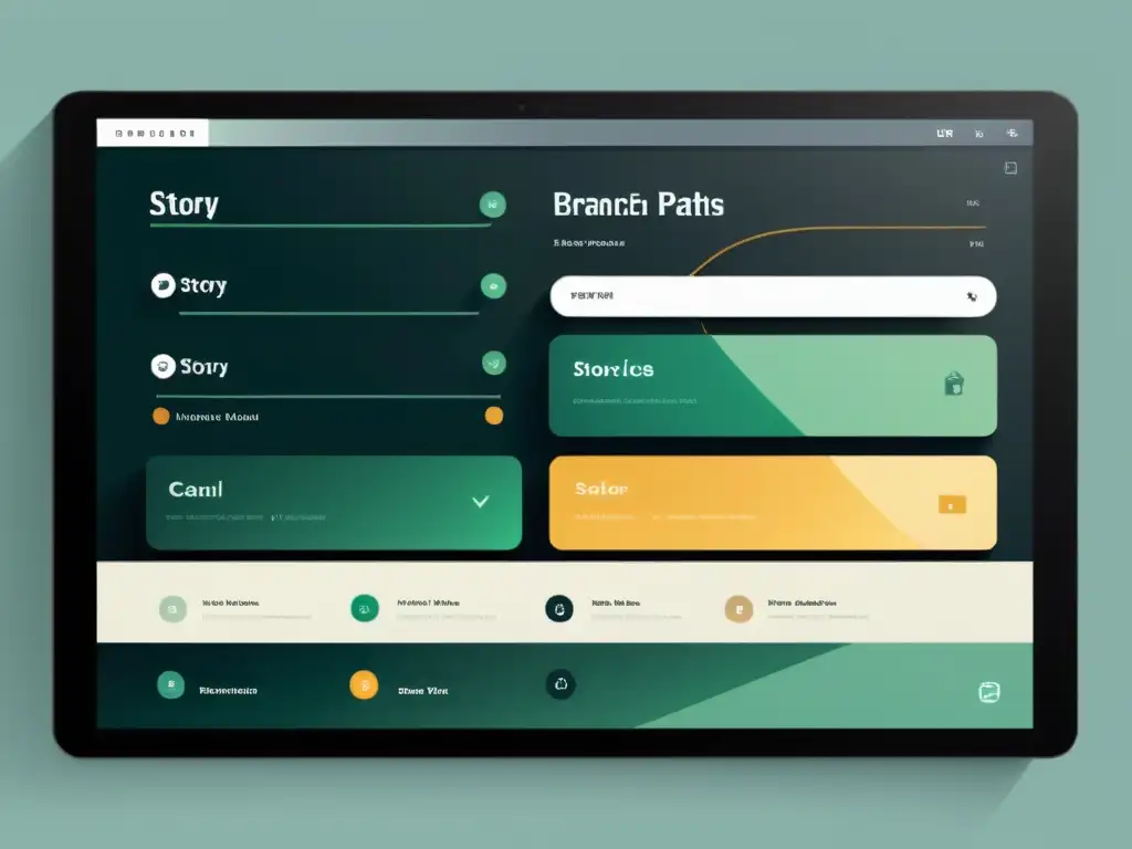 Interfaz minimalista para cuentos interactivos Interfaz moderna y sofisticada para crear historias interactivas con elementos visuales atractivos y opciones de diálogo