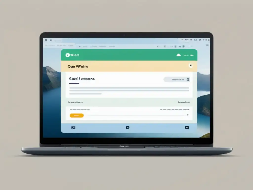 Interfaz profesional de software de escritura con integración en redes sociales, limpia y eficiente