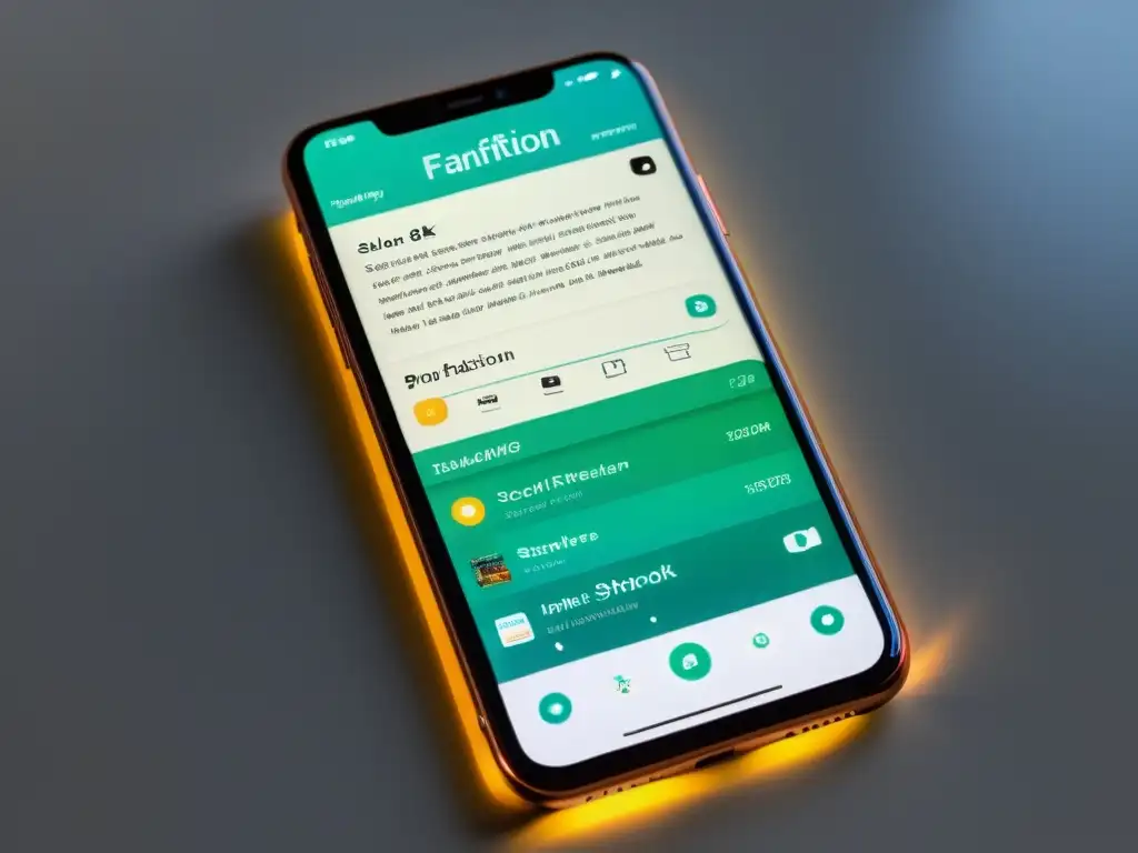 Interfaz de aplicación para fanfictions en smartphone de alta resolución, con diseño moderno y opciones sociales