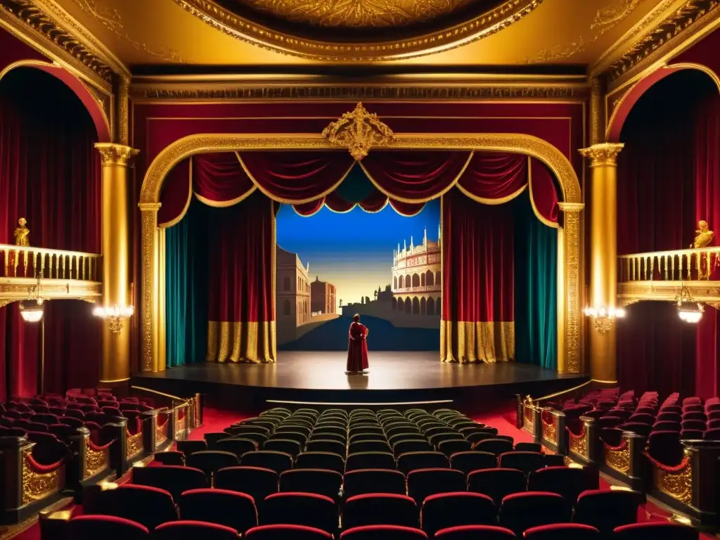 Interior detallado de un teatro renacentista con actores, escenografía y dramática iluminación