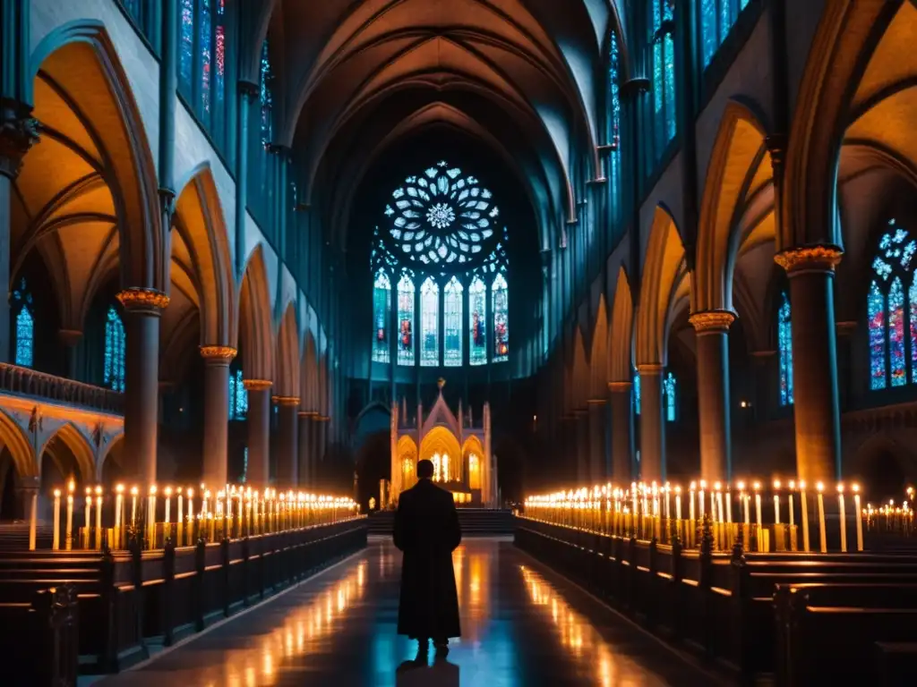 Interior gótico de catedral con arcos altos, vidrieras multicolores, velas y atmósfera misteriosa