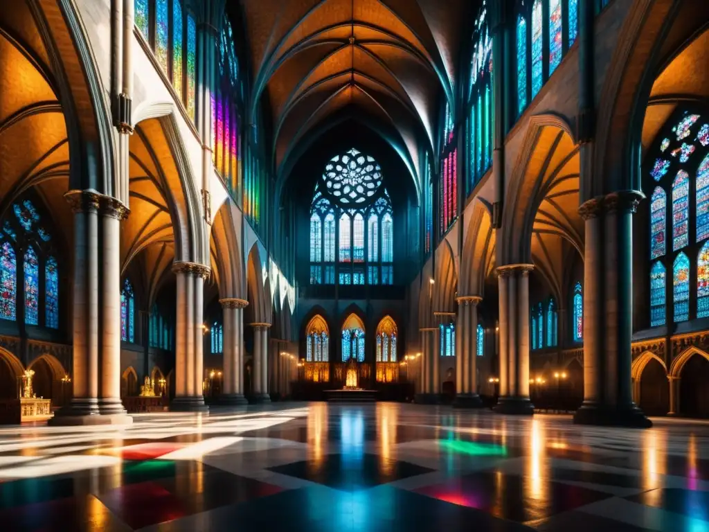 Interior gótico de catedral con luz y oscuridad en el romanticismo, vitrales coloridos iluminando el suelo de piedra