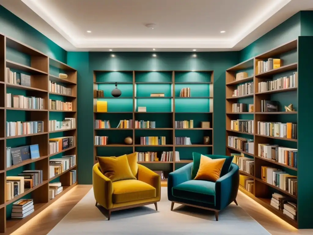 Interior de librería minimalista con decoración temática literaria para merchandising, estanterías y rincones de lectura acogedores