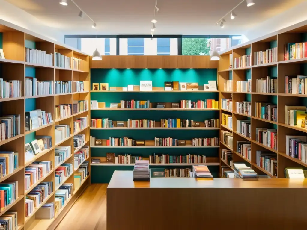 Interior de librería durante temporada alta con estrategias venta libros temporada alta: ambiente sereno y organizado, clientes y personal atareados