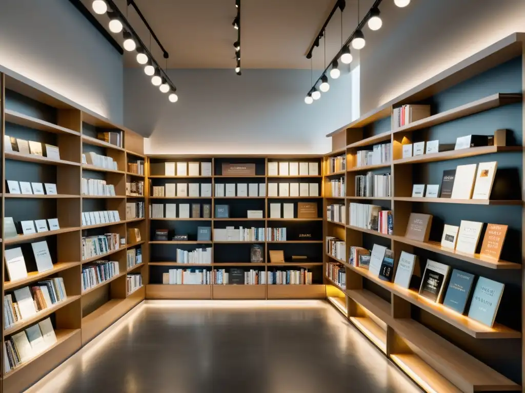 Interior minimalista de librería con diseño y venta de libro fotográfico, ambiente acogedor y estantes organizados