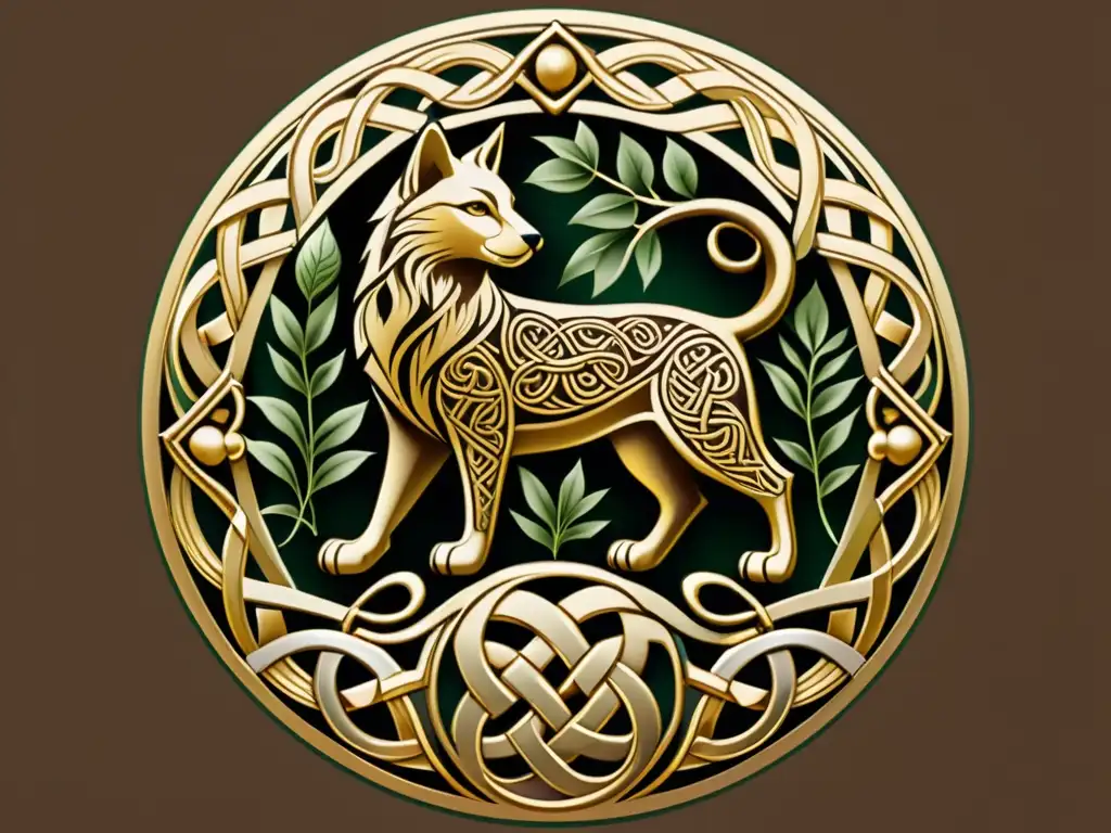 Intrincado arte celta en tonos tierra con influencia de mitología celta y literatura medieval
