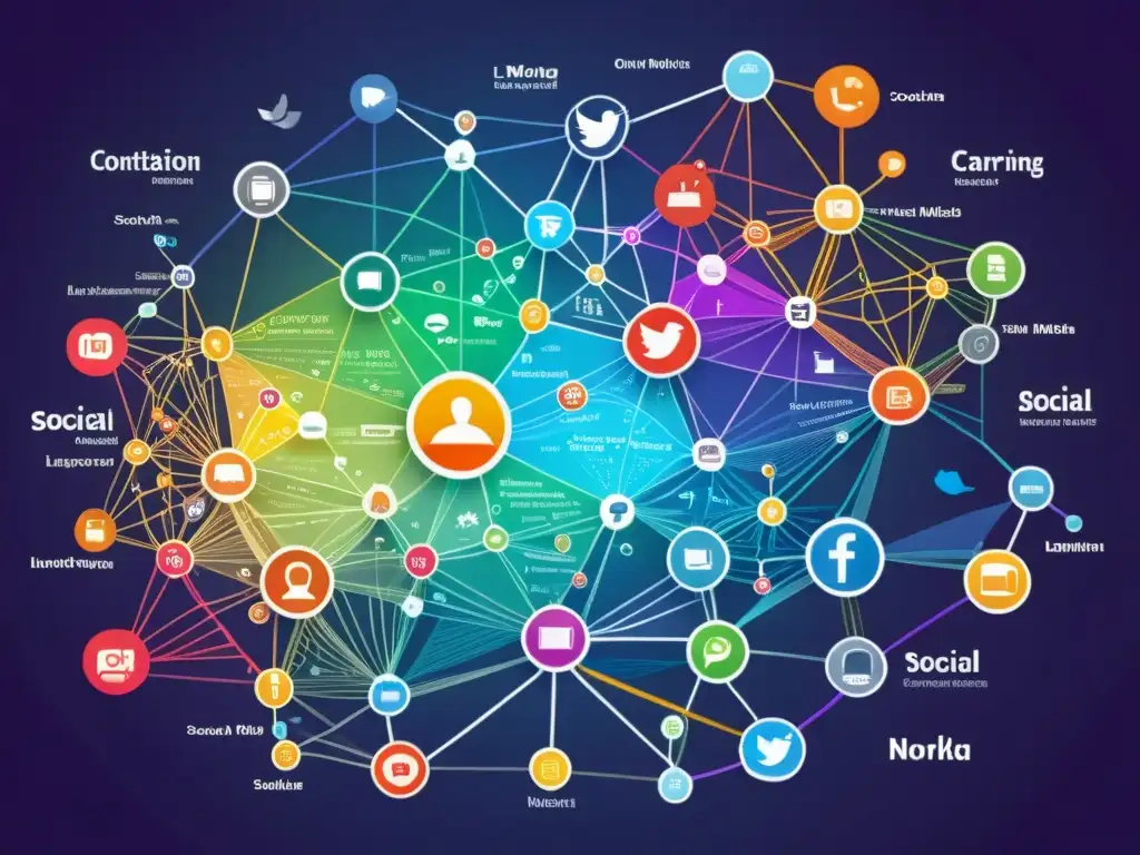 Intrincado mapa redes sociales con colores vibrantes y conexiones dinámicas, capturando el impacto en la evolución del lenguaje