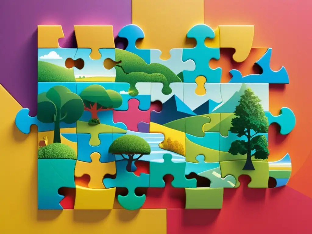 Narrativa transmedia: paisaje de piezas conectadas Un intrincado paisaje narrativo con piezas de puzzle representando distintos medios, simbolizando la narrativa transmedia