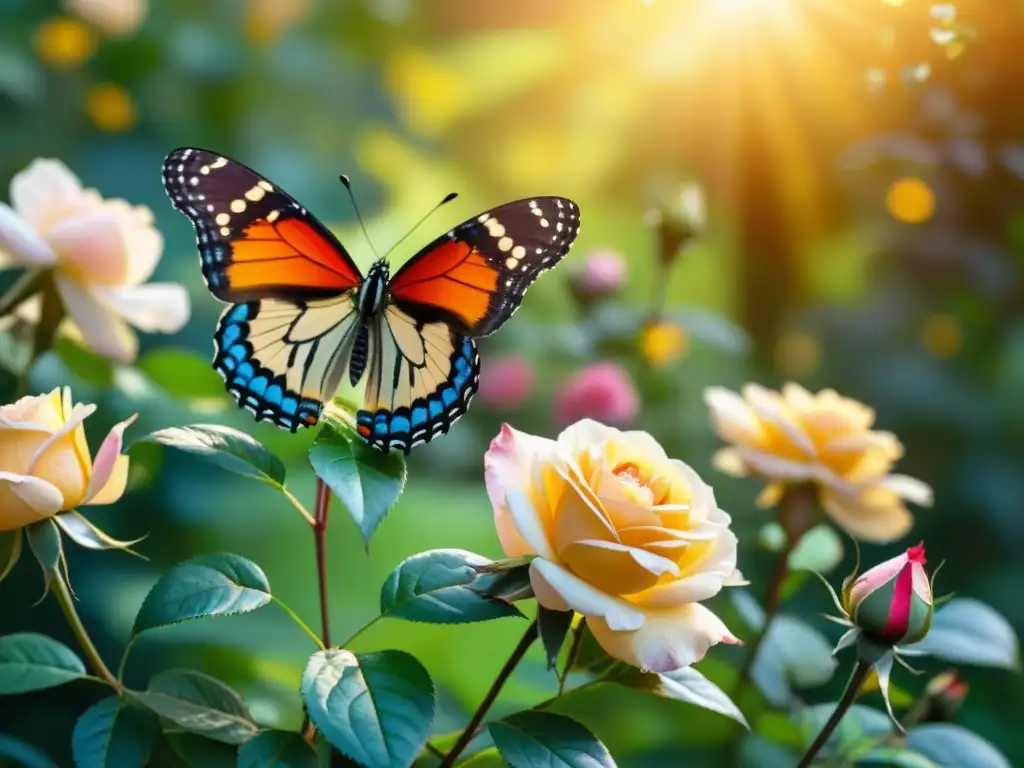 Un jardín exuberante y vibrante, con flores coloridas y una mariposa posada en una rosa, bañado en cálida luz dorada